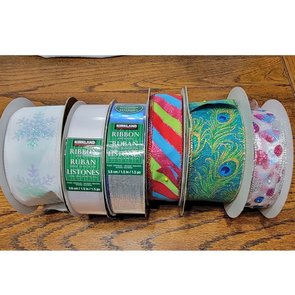 Wire Edged Ribbon Lot of 6 Peacock Snowflake Metallic bright shiny eye catching